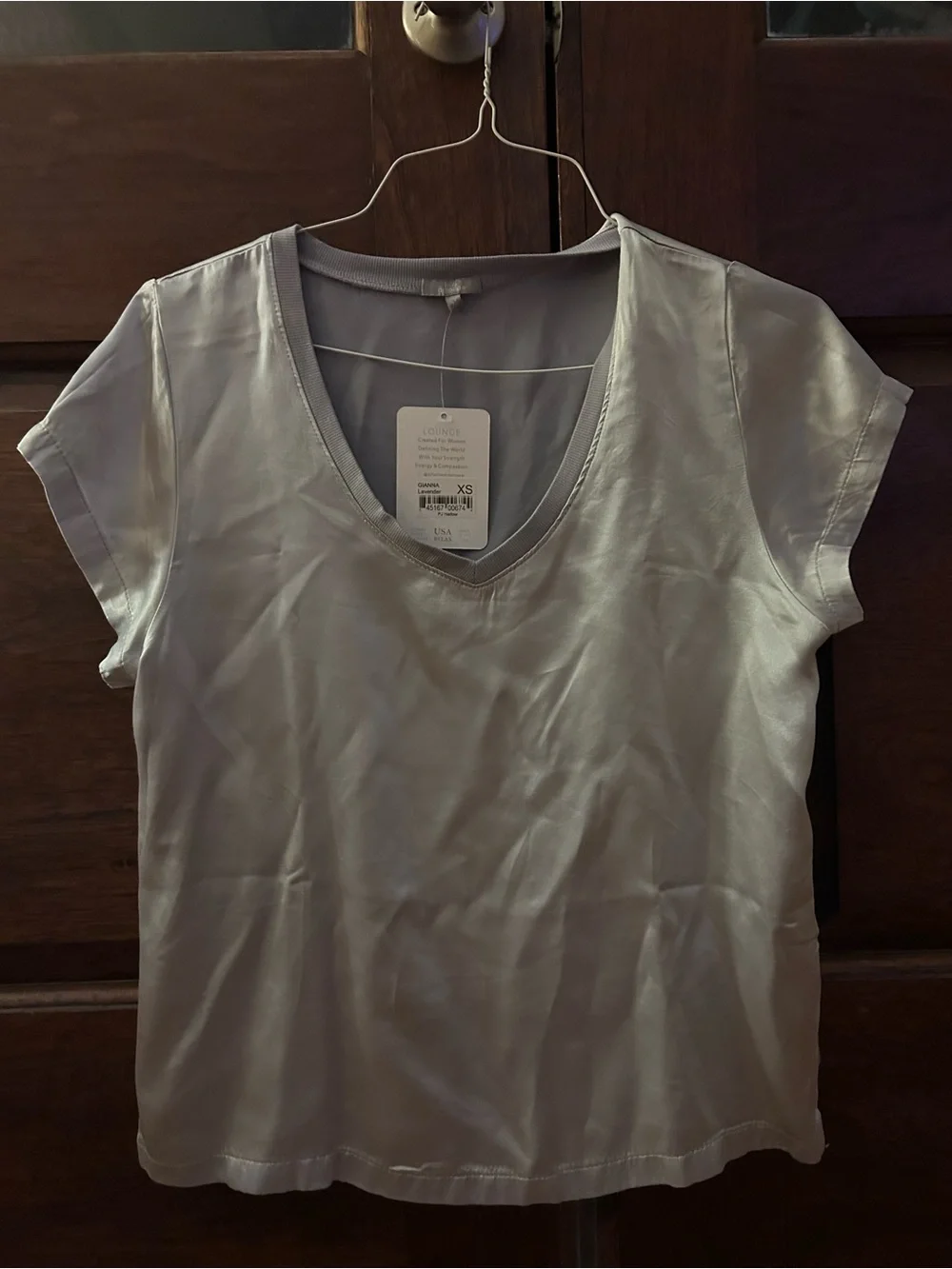 Women’s Satin PJ Harlow V-Neck Short Sleeve Top - very pale lavender